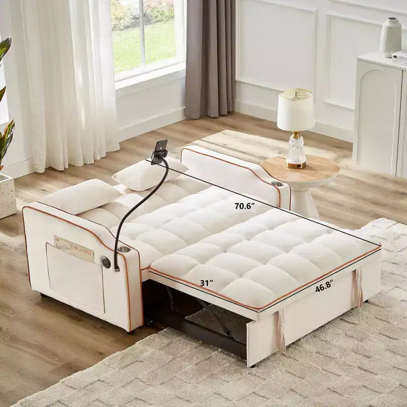 Canapé-lit pliable 3-en-1 Zeus & Ruta polyvalent en velours avec dossier réglable, port USB, cendrier et support de téléphone pivotant