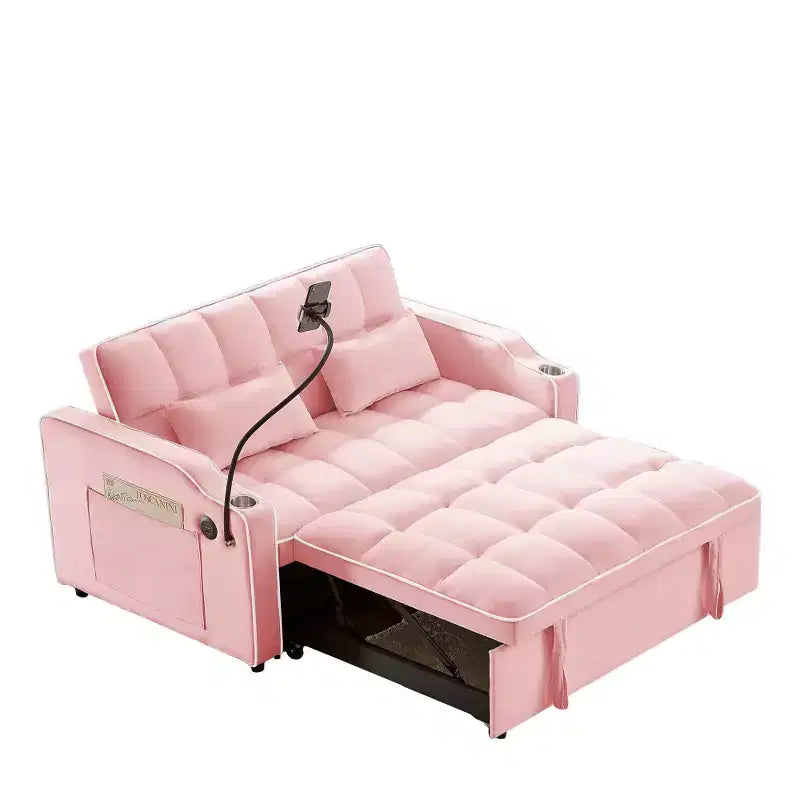 Canapé-lit pliable 3-en-1 Zeus & Ruta polyvalent en velours avec dossier réglable, port USB, cendrier et support de téléphone pivotant