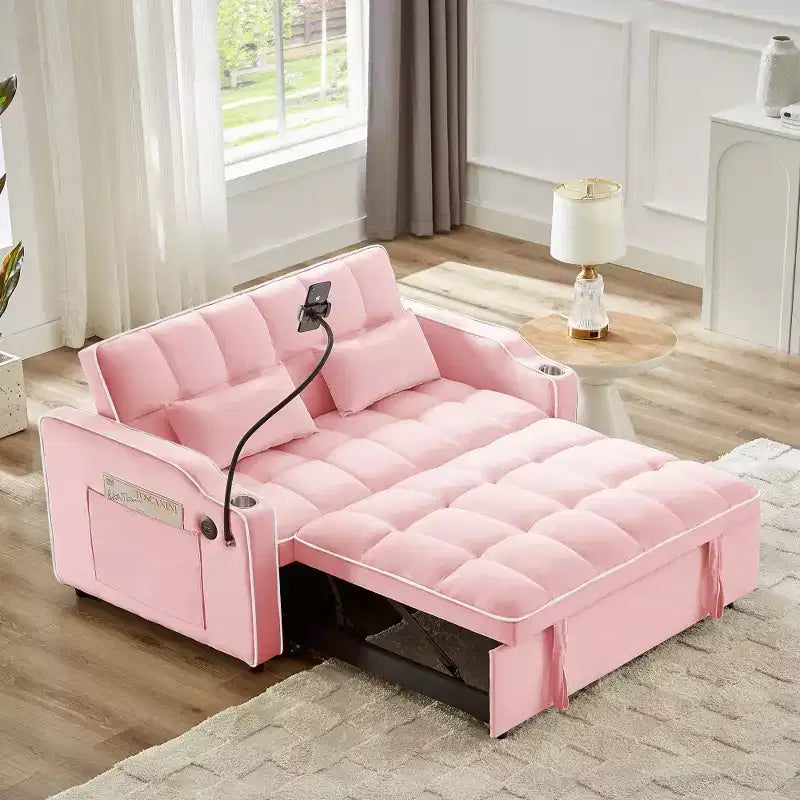 Canapé-lit pliable 3-en-1 Zeus & Ruta polyvalent en velours avec dossier réglable, port USB, cendrier et support de téléphone pivotant