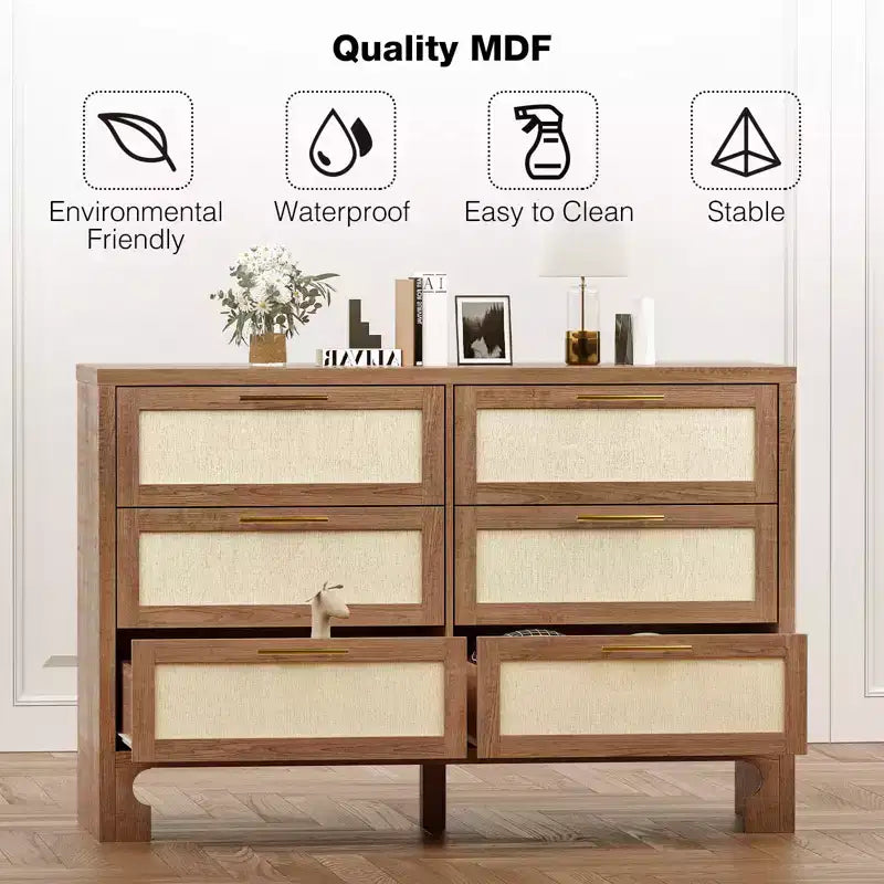Commode de ferme, commode à 6 tiroirs, commode, commode verticale avec poignées métalliques, armoire de rangement en bois pour chambre à coucher, salon, entrée