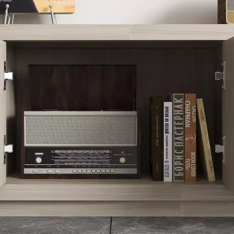 Meuble TV Famapy en bois clair - Meuble de divertissement avec tiroirs et placards - Rangement média moderne pour salon