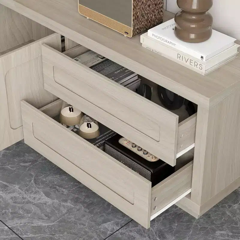 Meuble TV Famapy en bois clair - Meuble de divertissement avec tiroirs et placards - Rangement média moderne pour salon
