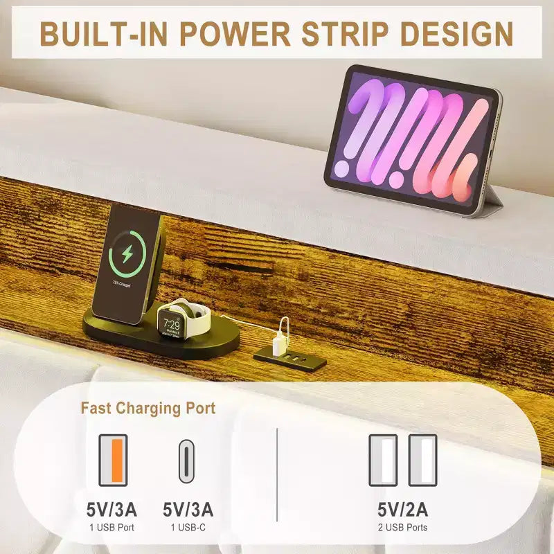 Cadre de lit King size, lit plateforme avec tête de lit capitonnée, station de recharge et bibliothèque, silencieux, stable, avec lumière, ne nécessite pas de sommier tapissier, blanc cassé