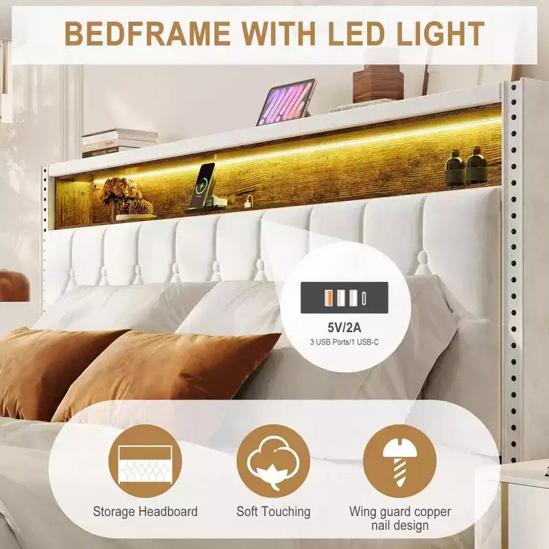 Cadre de lit King size, lit plateforme avec tête de lit capitonnée, station de recharge et bibliothèque, silencieux, stable, avec lumière, ne nécessite pas de sommier tapissier, blanc cassé