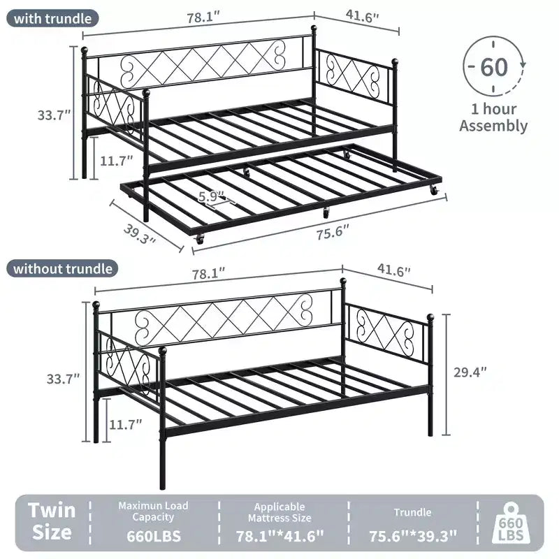 Lit de repos double avec tête de litSommier à lattes métalliques robuste, Cadre de canapé-lit pour chambre à coucher et salon, Aucun sommier tapissier requis, Montage facile