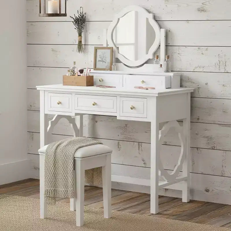 Coiffeuse élégante avec tabouret, miroir réversible et 5 tiroirs, ensemble de coiffeuse blanc, station de beauté peu encombrante - ModernLuxe