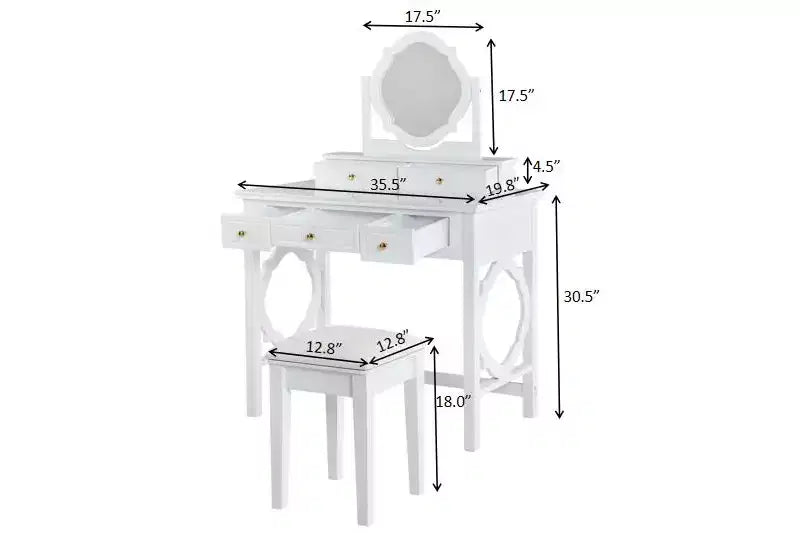 Coiffeuse élégante avec tabouret, miroir réversible et 5 tiroirs, ensemble de coiffeuse blanc, station de beauté peu encombrante - ModernLuxe