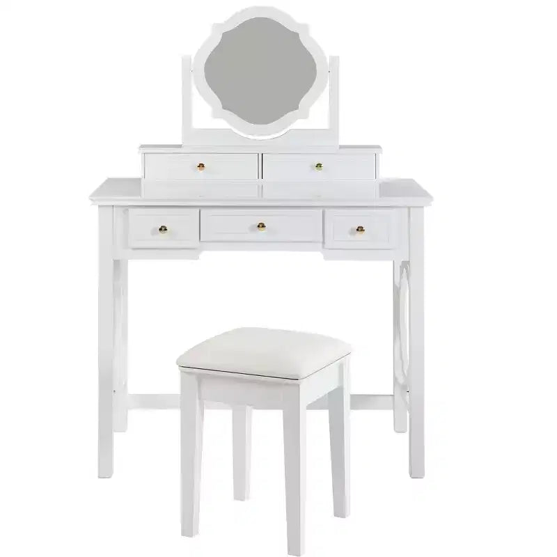 Coiffeuse élégante avec tabouret, miroir réversible et 5 tiroirs, ensemble de coiffeuse blanc, station de beauté peu encombrante - ModernLuxe