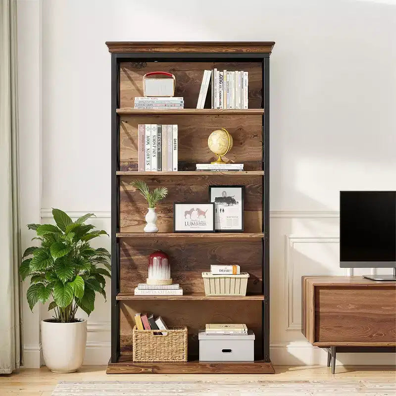 MAYEERTY 6-Tier Metal & Wood Bookcase with Stylish X Pattern Accents