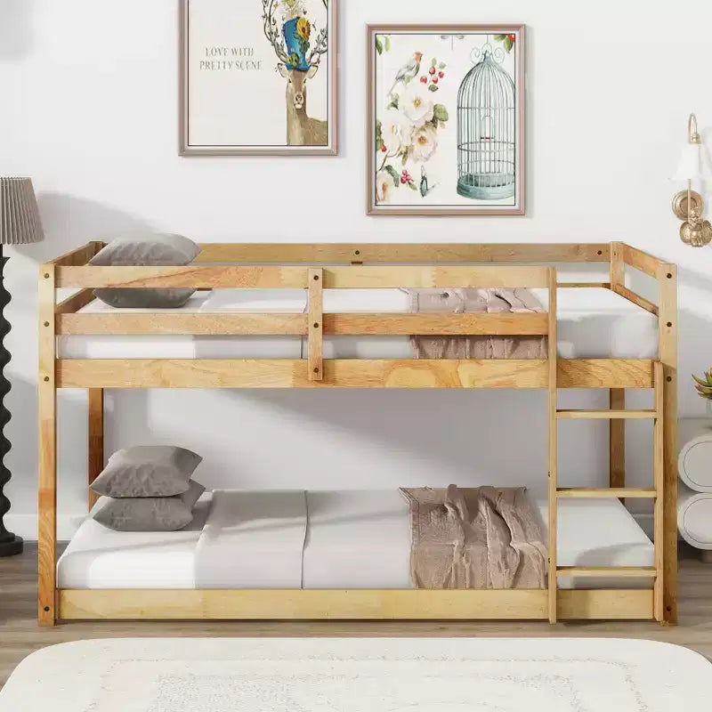 MAYEERTY Solid Wooden,Solid Rubber Wooden Twin over Twin Floor BUnk Bed with Ladder,with Bed Platform of Strengthened Slats