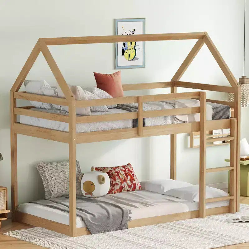 Lit superposé MAYEERTY en bois d'hévéa double avec échelle, barrières de sécurité, lit superposé en forme de maison, beige