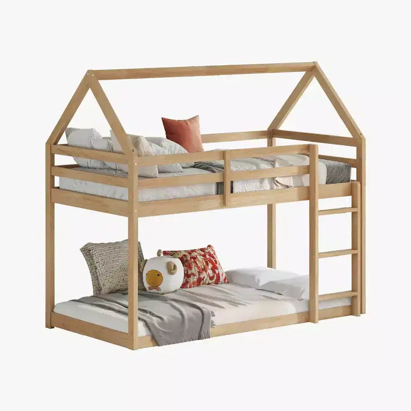 Lit superposé MAYEERTY en bois d'hévéa double avec échelle, barrières de sécurité, lit superposé en forme de maison, beige