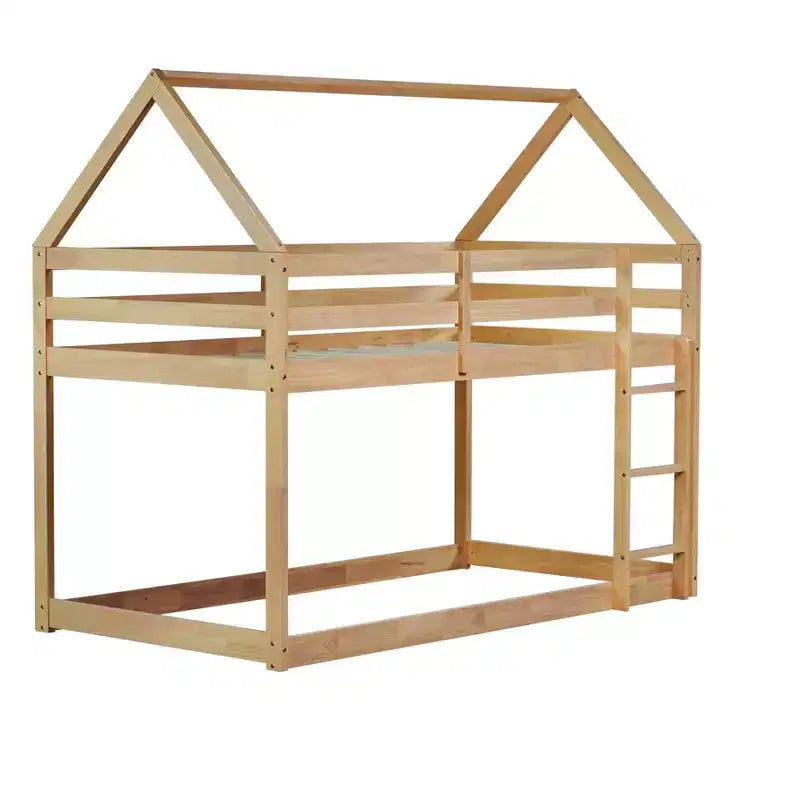 Lit superposé MAYEERTY en bois d'hévéa double avec échelle, barrières de sécurité, lit superposé en forme de maison, beige