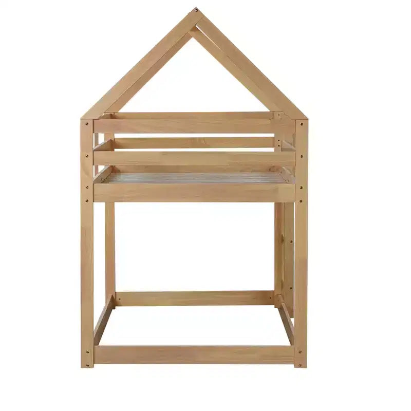 Lit superposé MAYEERTY en bois d'hévéa double avec échelle, barrières de sécurité, lit superposé en forme de maison, beige