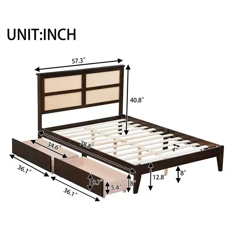 Lit double MAYEERTY avec tête de lit en rotin, deux tiroirs de rangement, lit en bois d'hévéa marron