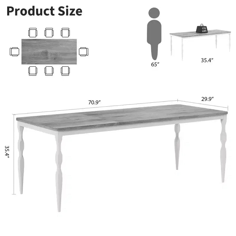 Table à manger pour 4-6 personnes, table de cuisine industrielle avec plateau en bois et pieds métalliques incurvés, meuble de salle à manger rectangulaire (180x90x76cm)