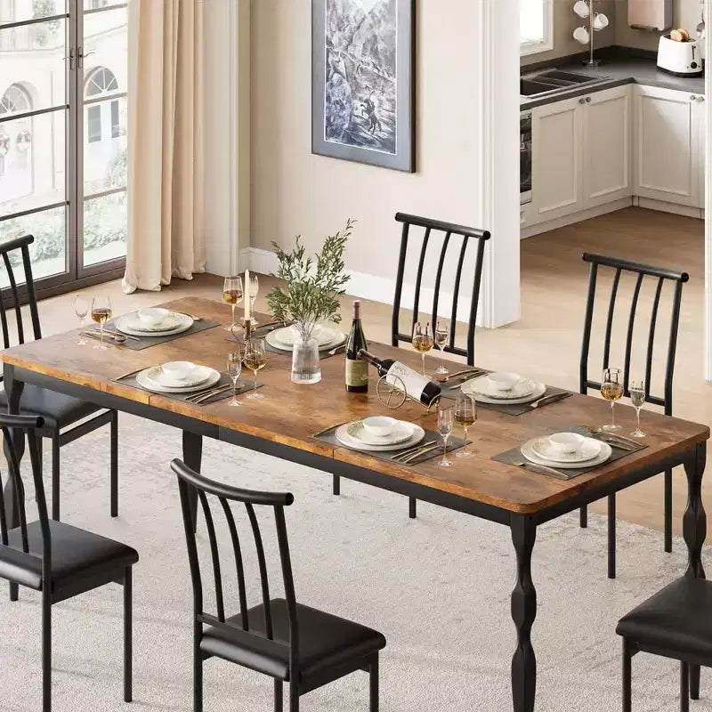 Table à manger pour 4-6 personnes, table de cuisine industrielle avec plateau en bois et pieds métalliques incurvés, meuble de salle à manger rectangulaire (180x90x76cm)
