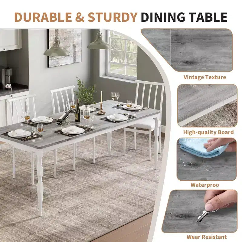 Table à manger pour 4-6 personnes, table de cuisine industrielle avec plateau en bois et pieds métalliques incurvés, meuble de salle à manger rectangulaire (180x90x76cm)