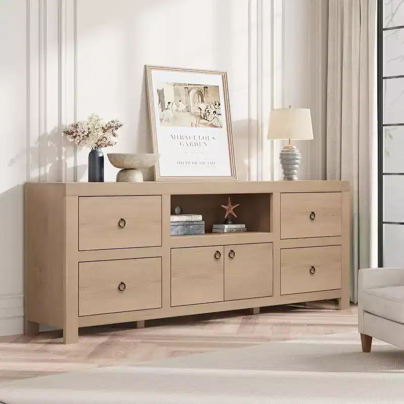 Meuble TV de ferme pour téléviseurs 75/80 pouces, long meuble de divertissement avec 6 tiroirs de rangement et étagère pour barre de son, consoles TV pour la maison
