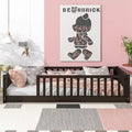 MAYEERTY Twin Floor Bed with Fence without Door, Rubber Wood Floor Guardrails Brown