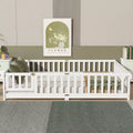 MAYEERTY Queen Floor Bed with Fence,Door, Rubber Wood Floor Bed Guardrails White
