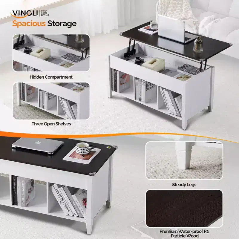 VINGLI Table basse relevable, blanche, avec rangement caché et étagères, table basse relevable à vérin à gaz