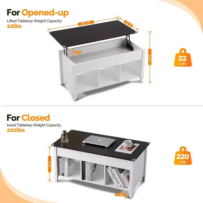 VINGLI Table basse relevable, blanche, avec rangement caché et étagères, table basse relevable à vérin à gaz