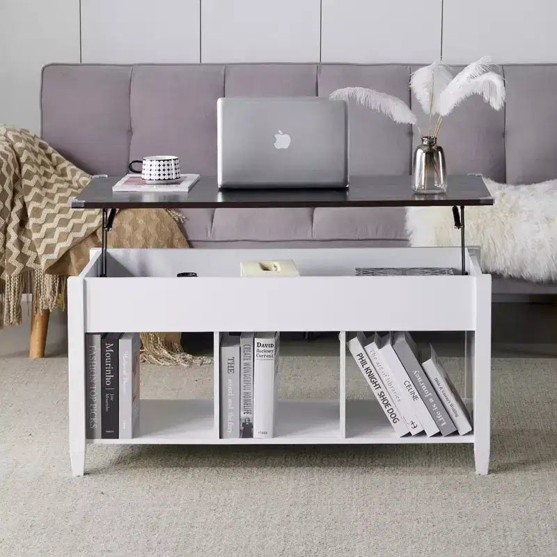 VINGLI Table basse relevable, blanche, avec rangement caché et étagères, table basse relevable à vérin à gaz