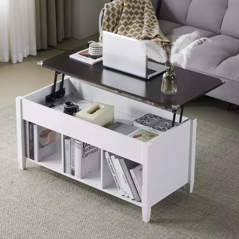VINGLI Table basse relevable, blanche, avec rangement caché et étagères, table basse relevable à vérin à gaz