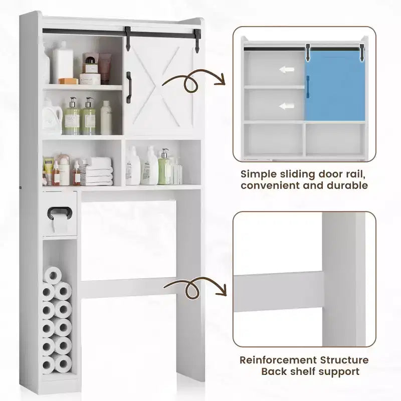 Meuble de rangement WC, étagères de salle de bain Organisateur d'espace, étagère de toilettes autoportante avec porte, dispositif anti-basculement, étagère réglable