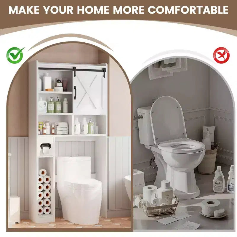 Meuble de rangement WC, étagères de salle de bain Organisateur d'espace, étagère de toilettes autoportante avec porte, dispositif anti-basculement, étagère réglable