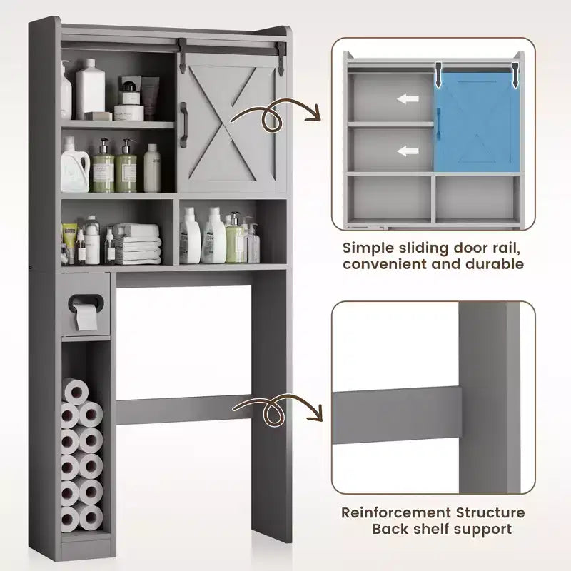 Meuble de rangement WC, étagères de salle de bain Organisateur d'espace, étagère de toilettes autoportante avec porte, dispositif anti-basculement, étagère réglable