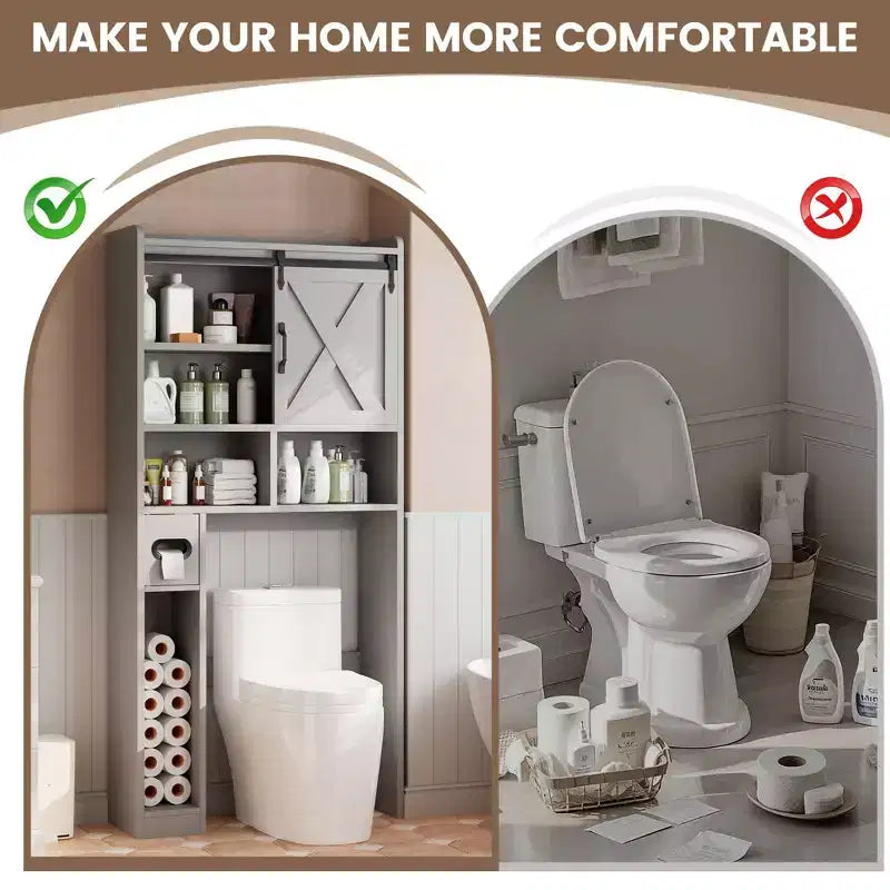 Meuble de rangement WC, étagères de salle de bain Organisateur d'espace, étagère de toilettes autoportante avec porte, dispositif anti-basculement, étagère réglable