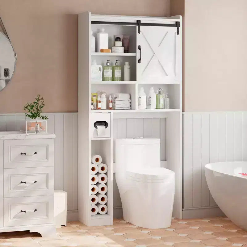Toilet Storage Cabinet, Bathroom Shelves Organizer Space Saver Freestanding Restroom Shelf with Door, Anti-Tip Device Adjustable Shelf