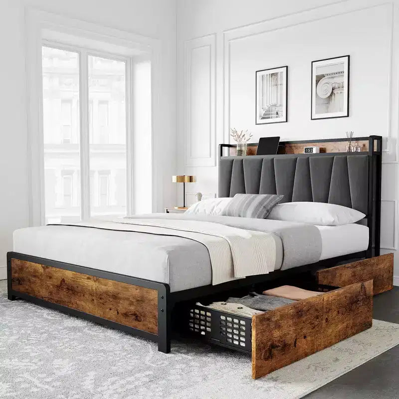 Bed Frame with Storage Headboard, Upholstered Platform Bed Frame with 4 Drawers & Charging Station, Metal Slats Support, No Box Spring Needed