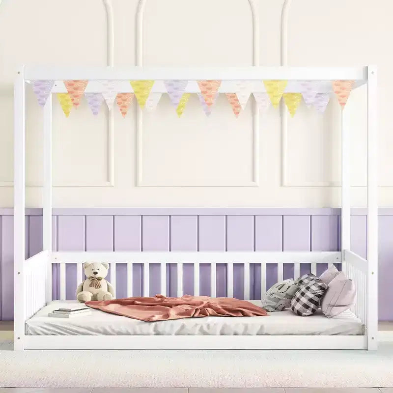 MAYEERTY Full Canopy Frame Floor Bed with Fence, Guardrails, White
