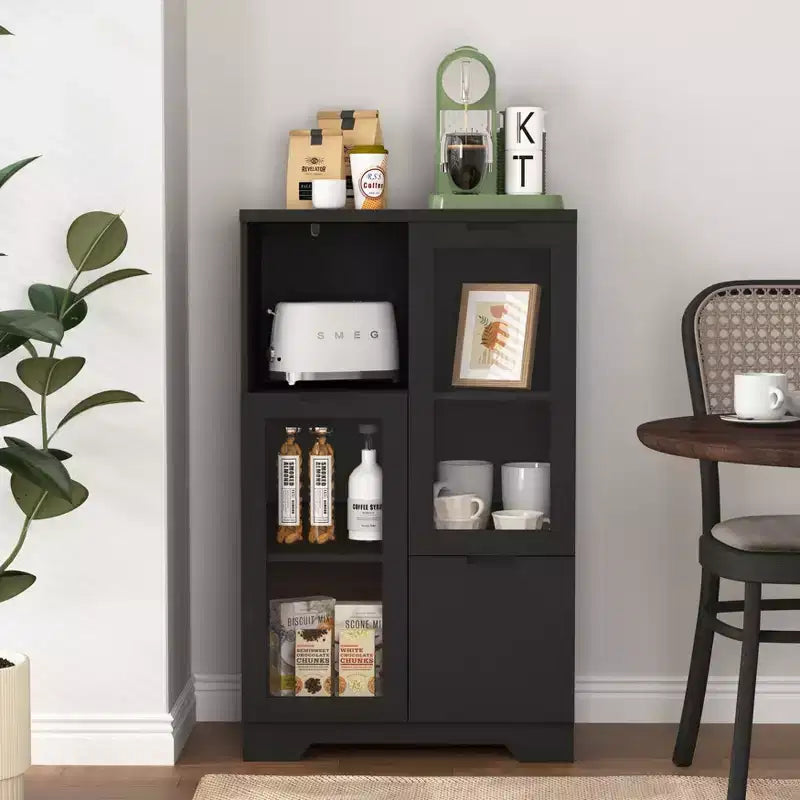 MAYEERTY Cabinet MDF Painted with Glass Doors Drawer Open Storage Black for Bedroom Living Room
