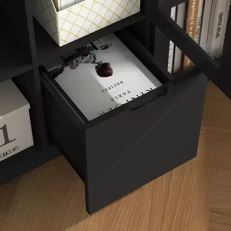 MAYEERTY Armoire MDF peinte avec portes vitrées, tiroir et rangement ouvert, noir, pour chambre à coucher ou salon
