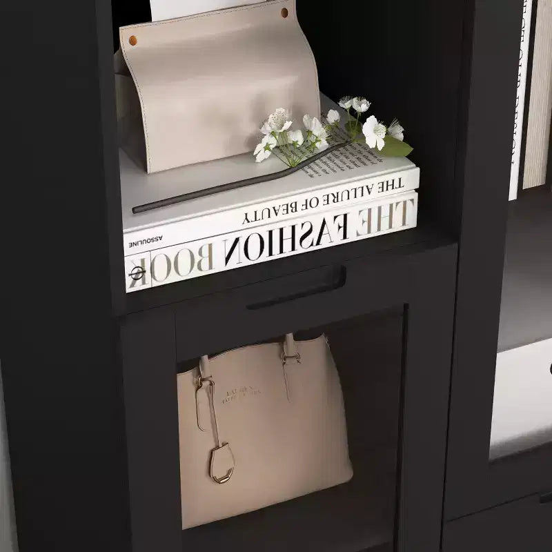 MAYEERTY Armoire MDF peinte avec portes vitrées, tiroir et rangement ouvert, noir, pour chambre à coucher ou salon