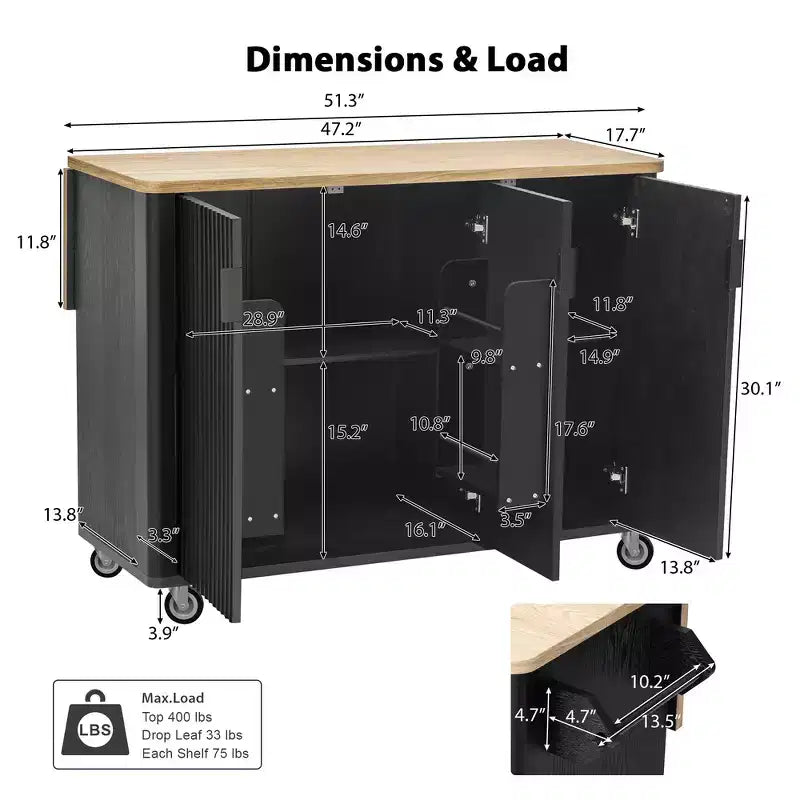 Whisen 51 - Îlot de cuisine pliant cannelé et chariot roulant de style campagnard avec étagère de rangement interne, porte-serviettes