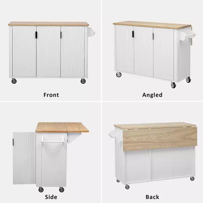 Whisen 51 - Îlot de cuisine pliant cannelé et chariot roulant de style campagnard avec étagère de rangement interne, porte-serviettes