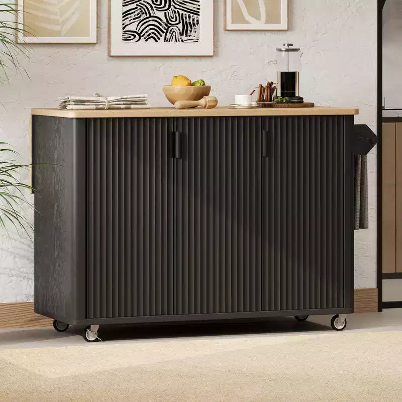 Whisen 51 Fluted Drop Leaf Kitchen Island & Farmhouse Rolling Cart with Internal Storage Rack, Towel Rack