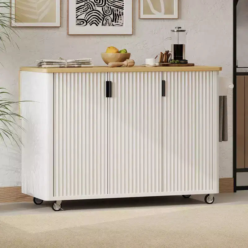 Whisen 51 - Îlot de cuisine pliant cannelé et chariot roulant de style campagnard avec étagère de rangement interne, porte-serviettes