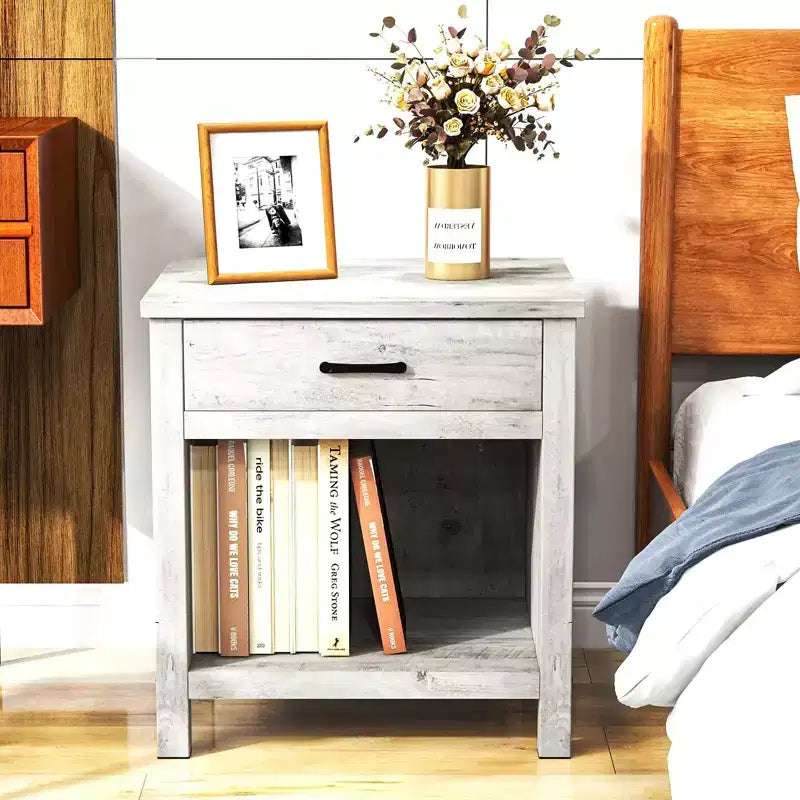 Table de chevet avec tiroir et étagère C Table de chevet rustique en bois pour chambre et salon (56x45x60cm, gris) C Table d'appoint compacte avec rangement