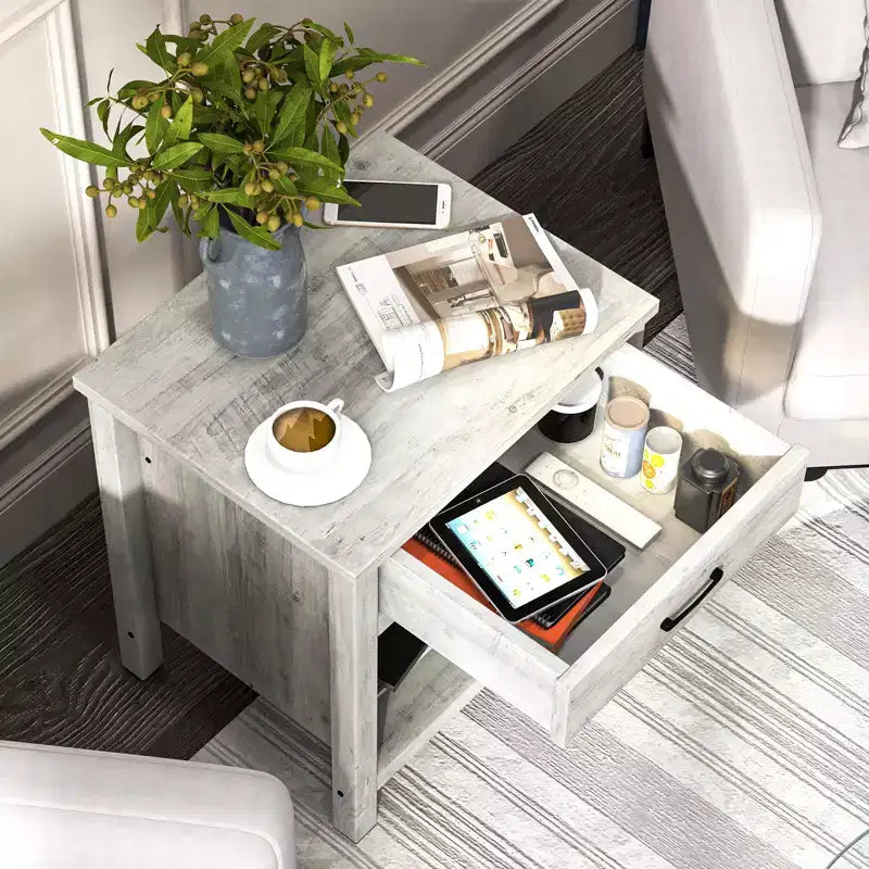 Table de chevet avec tiroir et étagère C Table de chevet rustique en bois pour chambre et salon (56x45x60cm, gris) C Table d'appoint compacte avec rangement