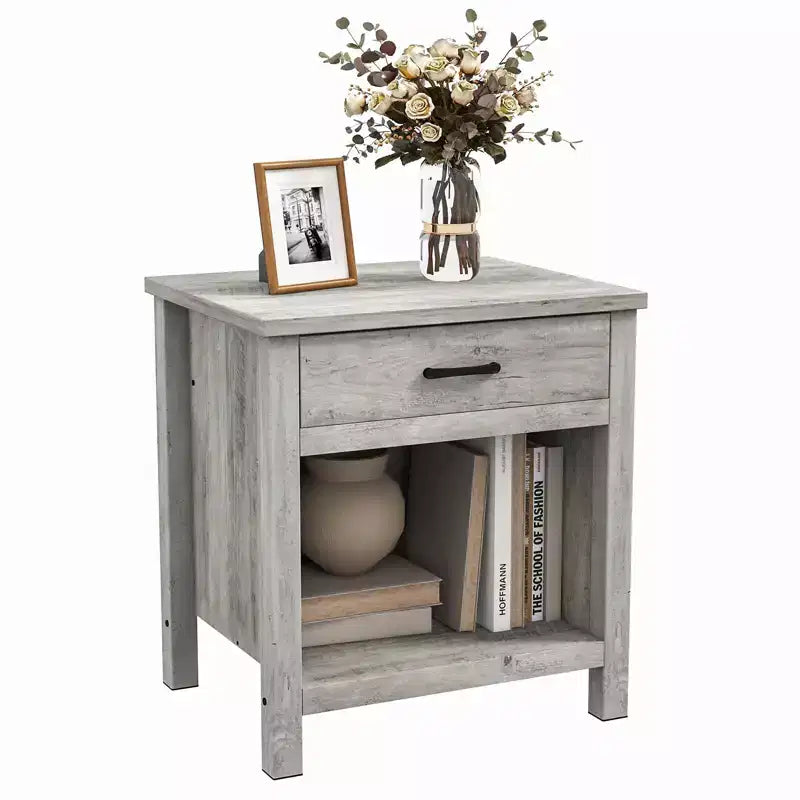 Table de chevet avec tiroir et étagère C Table de chevet rustique en bois pour chambre et salon (56x45x60cm, gris) C Table d'appoint compacte avec rangement