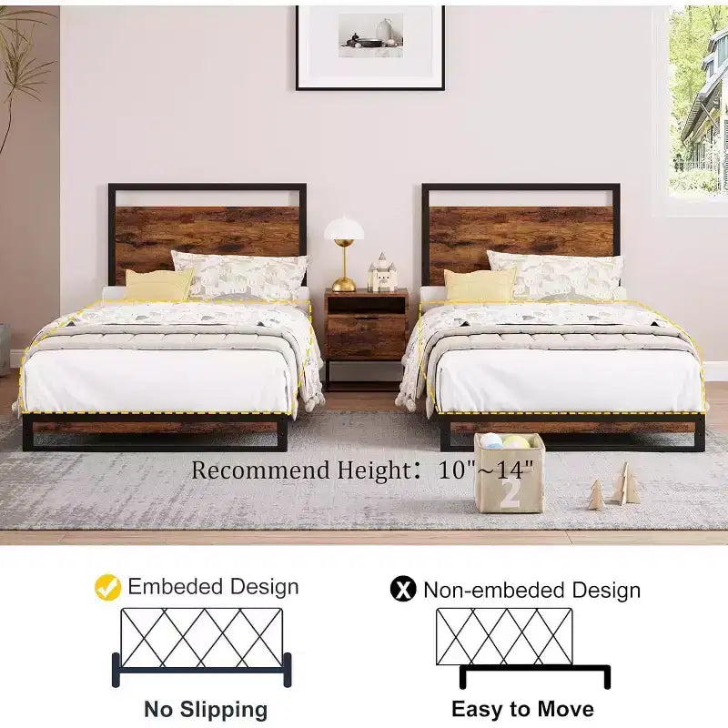 Cadre de lit King avec tête de lit, pied de lit et grand espace de rangement sous le lit, 10 lattes en bois solides antidérapantes et silencieuses, cadre de lit plateforme