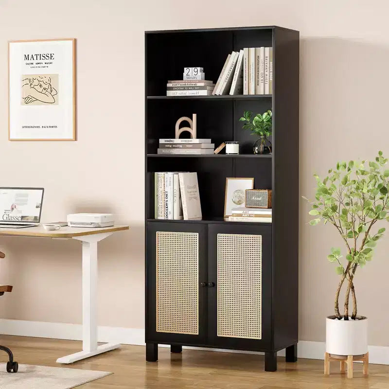 PexFix 5 Shelf Bookshelf with Rattan Doors White Tall Bookcase Display Shelves for Home Office Bedroom