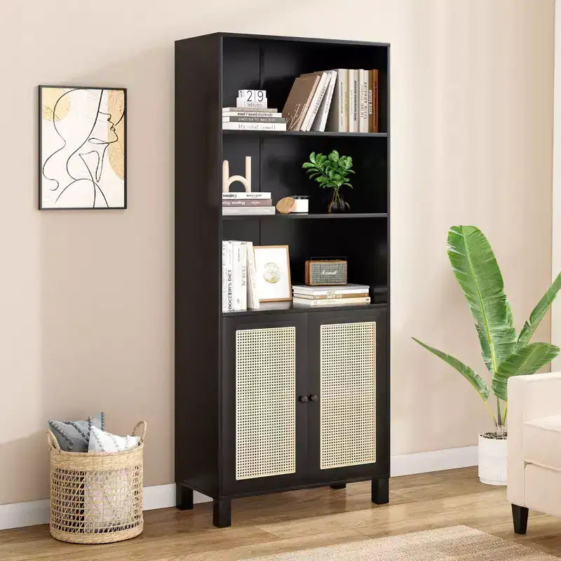 Bibliothèque PexFix à 5 étagères avec portes en rotin, grande étagère de présentation blanche pour bureau à domicile ou chambre à coucher