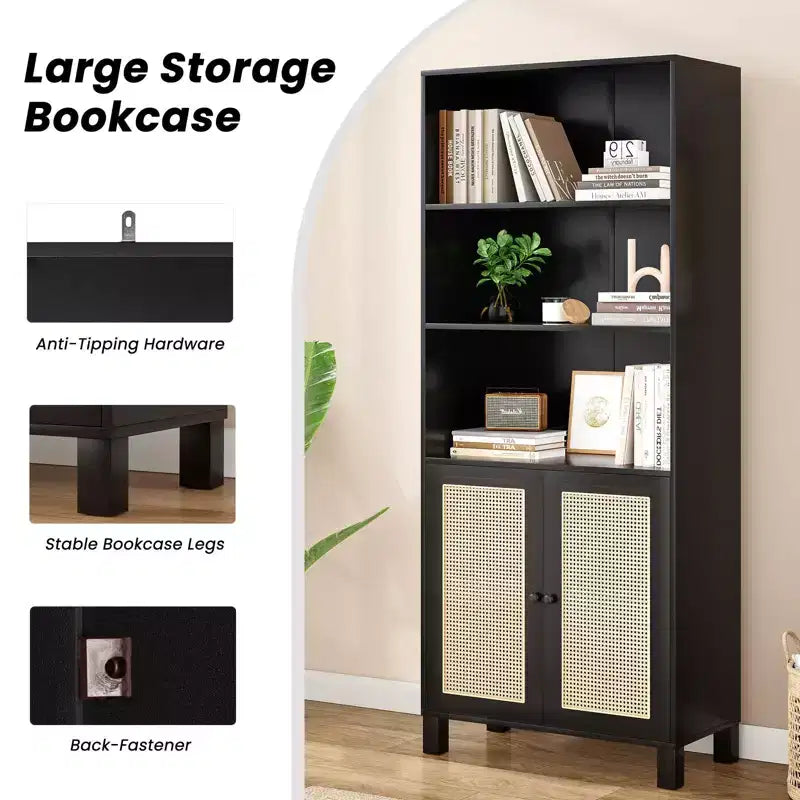 Bibliothèque PexFix à 5 étagères avec portes en rotin, grande étagère de présentation blanche pour bureau à domicile ou chambre à coucher